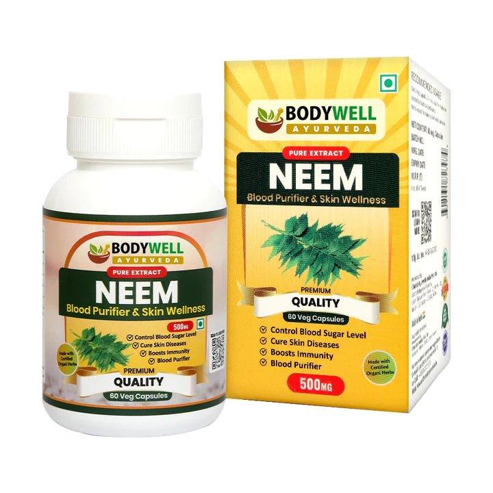 Bodywell Ayurveda - Neem Pure Extract Capsule | Anti Acne & Anti Bacterial | Good for Detoxification and Metabolism | 500mg.