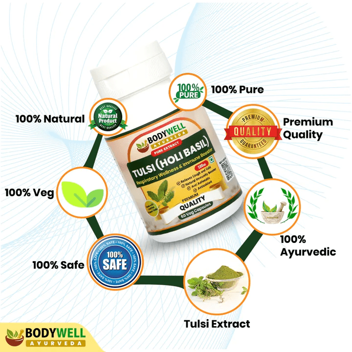 Bodywell Ayurveda - Tulsi Pure Extract Capsule | Anxiety & Stress Relief | Skin & Eye Wellness | Supports Kidney Health | Supports Heart Health | 500mg - CBD Store India