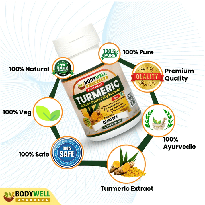 Bodywell Ayurveda - Turmeric Pure Extract Capsule | Anti-Inflammatory & Anti-Oxidant | Boosts Immunity | Good for Skin, Bone & Joint Health | 300mg - CBD Store India