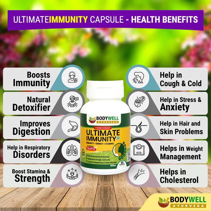 Bodywell Ayurveda - Ultimate Immunity | Immunity Booster| Cold & Cough Relief | Natural Detoxifier | Good for Skin Health | 500 mg - CBD Store India