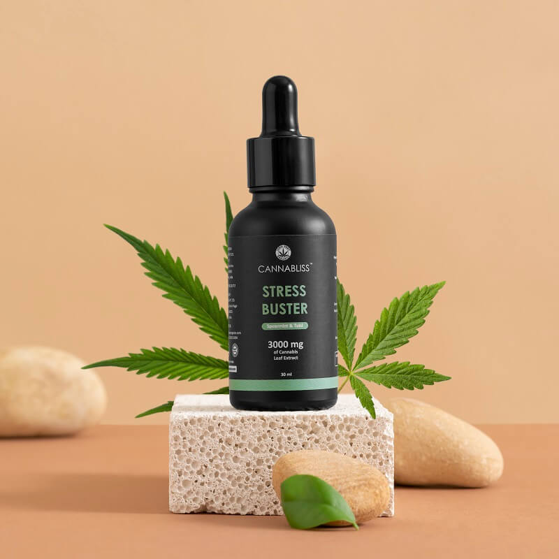 Cannabliss Stress Buster with 10% Cannabis Leaf Extract + Spearmint, Tulsi and Jatamansi - CBD Store India