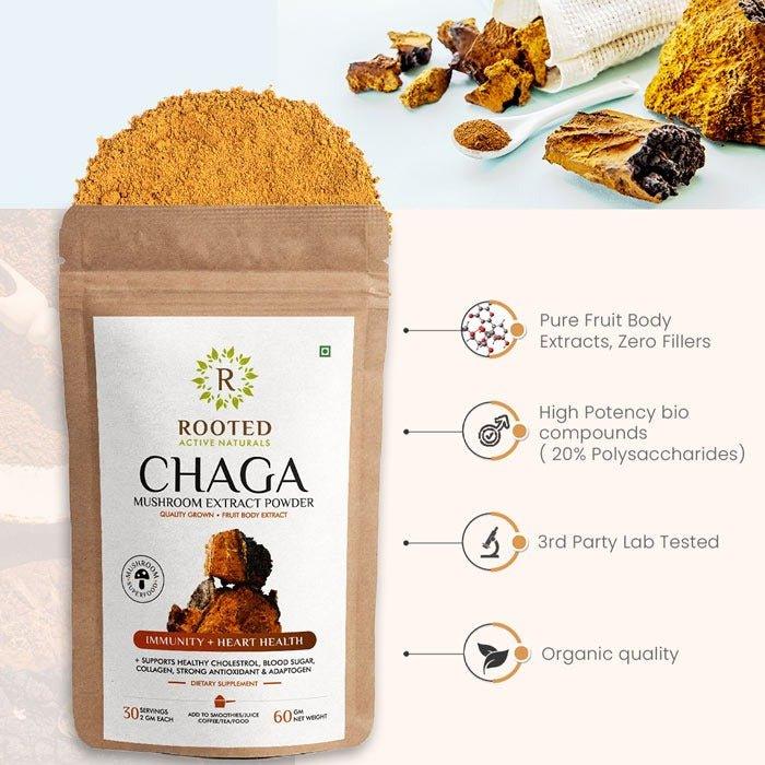 Rooted Actives Siberian Chaga mushroom Extract | Blood Sugar, Heart & Immunity.Mushroom Extract PowderChaga Mushroom Extract Powder | For Blood Sugar, Heart & Immunity