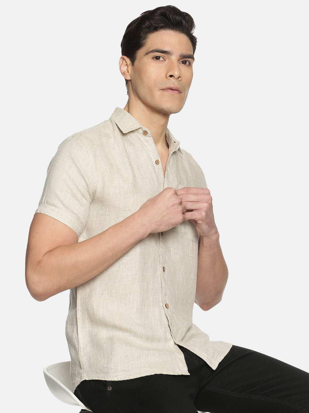 Ecentric Beige Colour Slim Fit Hemp Casual ShirtEcentric Beige Colour Slim Fit Hemp Casual Shirt