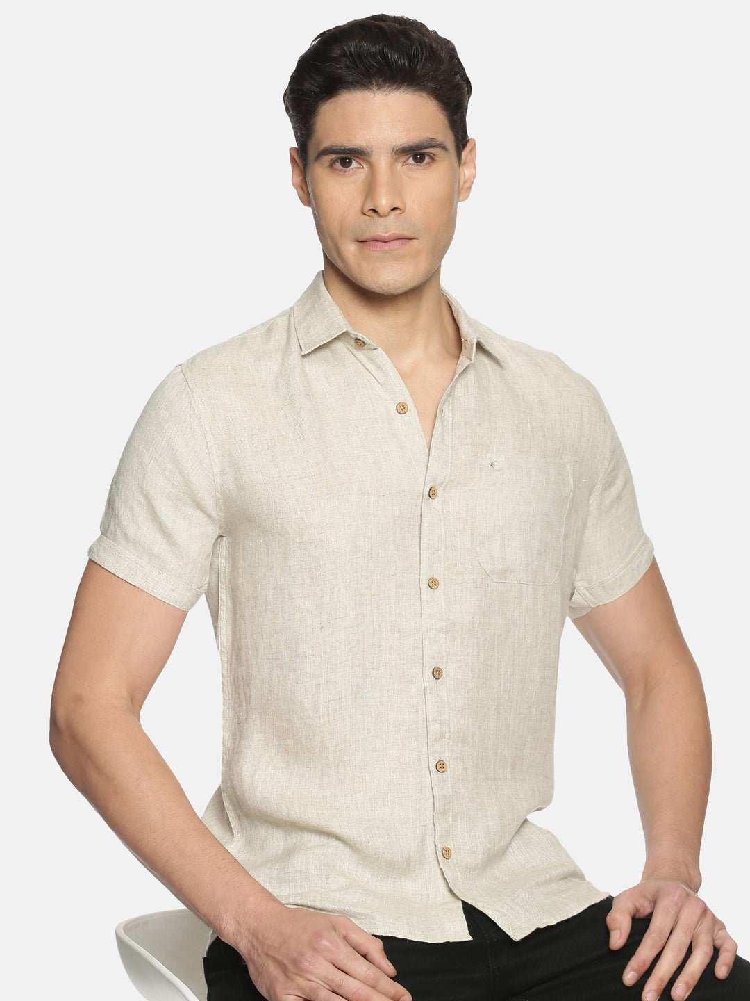 Ecentric Beige Colour Slim Fit Hemp Casual ShirtEcentric Beige Colour Slim Fit Hemp Casual Shirt