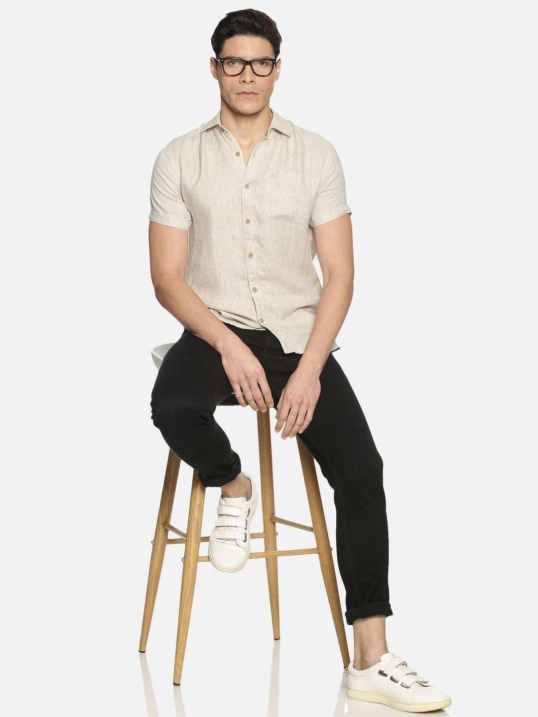 Ecentric Beige Colour Slim Fit Hemp Casual ShirtEcentric Beige Colour Slim Fit Hemp Casual Shirt