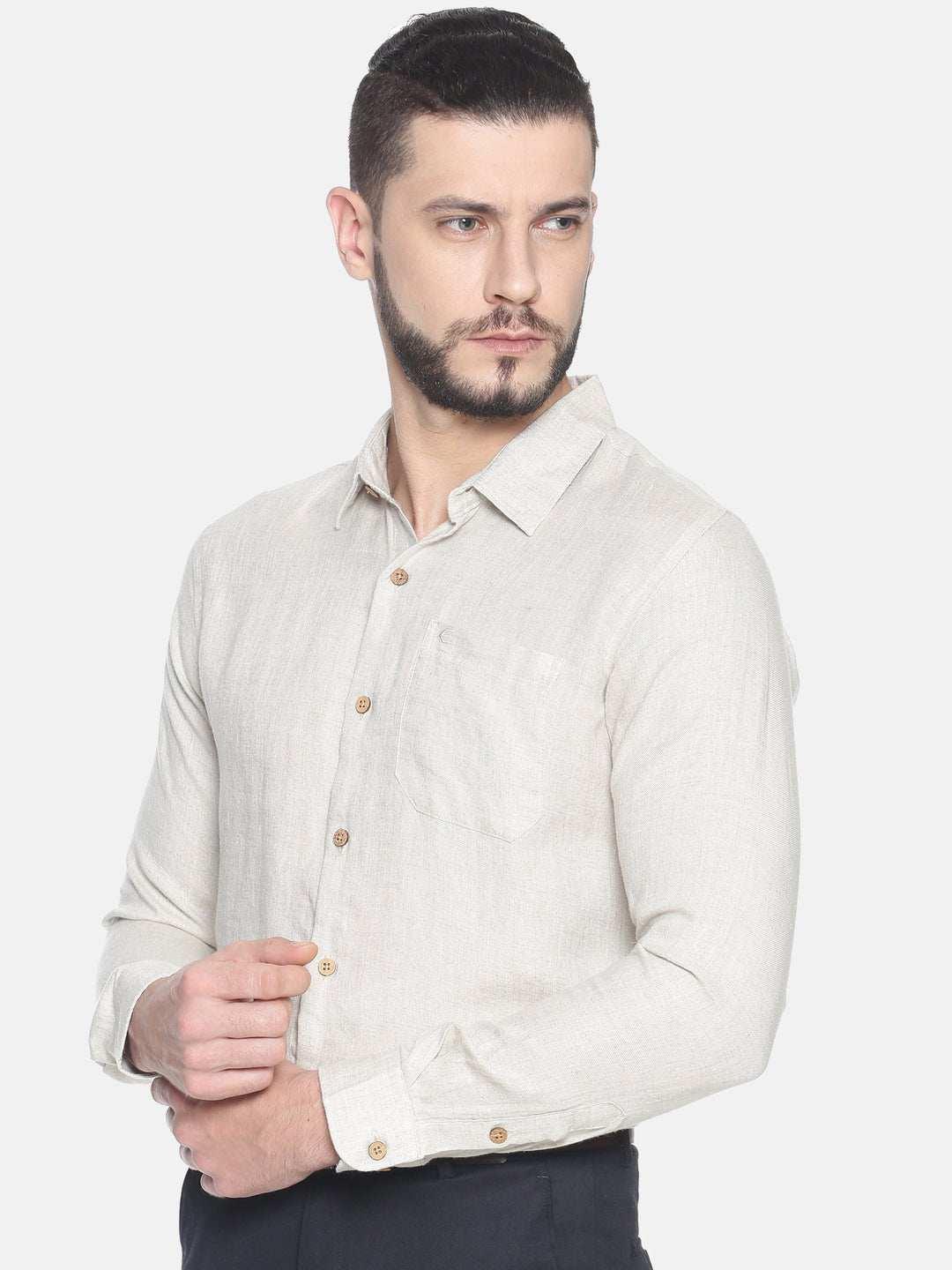 Ecentric Beige Colour Slim fit Hemp Formal ShirtEcentric Beige Colour Slim fit Hemp Formal Shirt