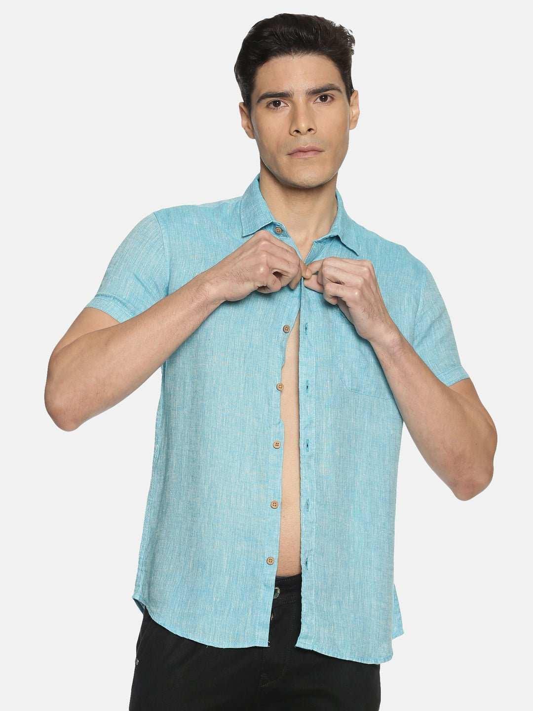 Ecentric Blue Colour Slim Fit Hemp Casual Shirt.