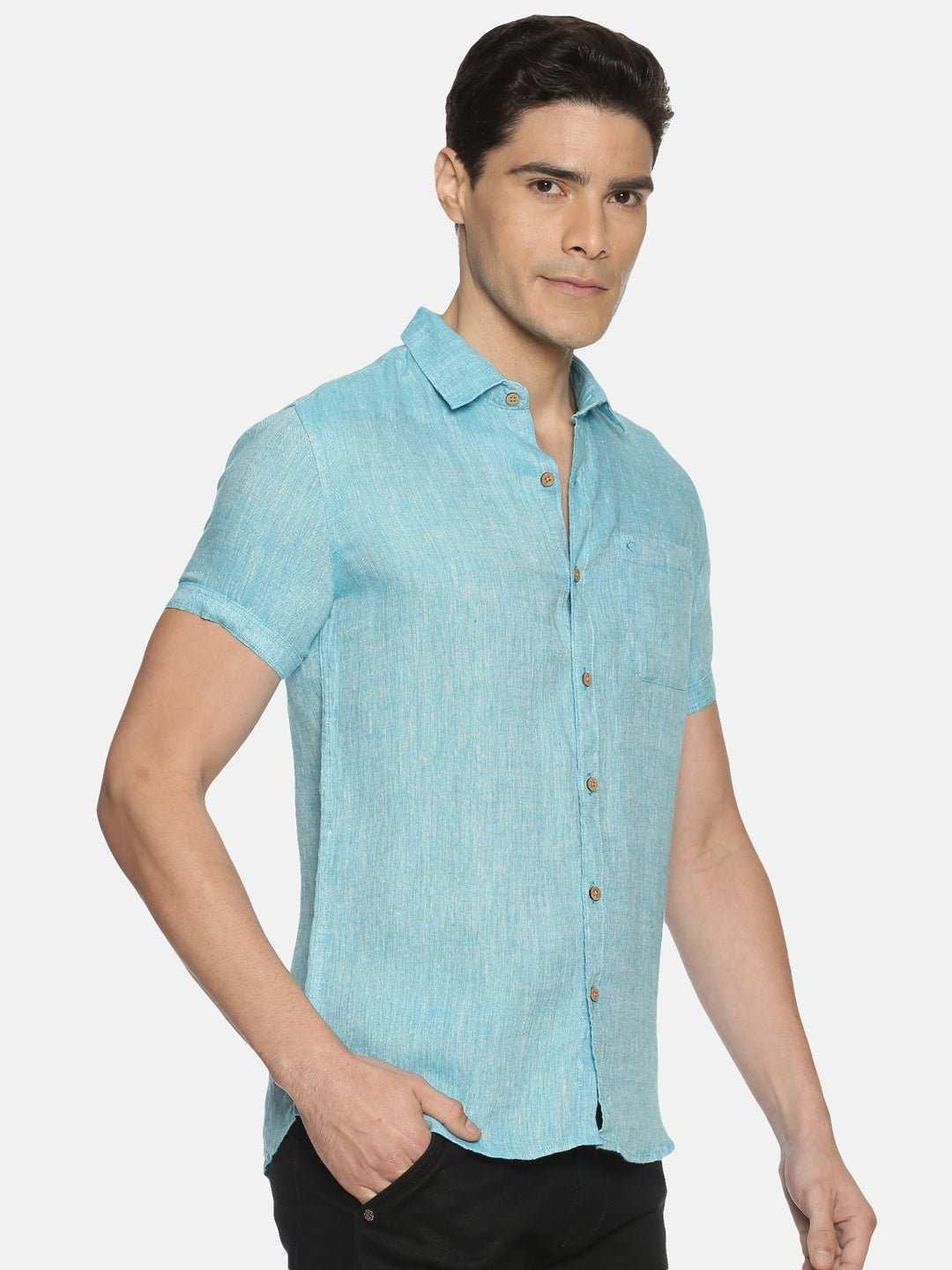 Ecentric Blue Colour Slim Fit Hemp Casual Shirt.