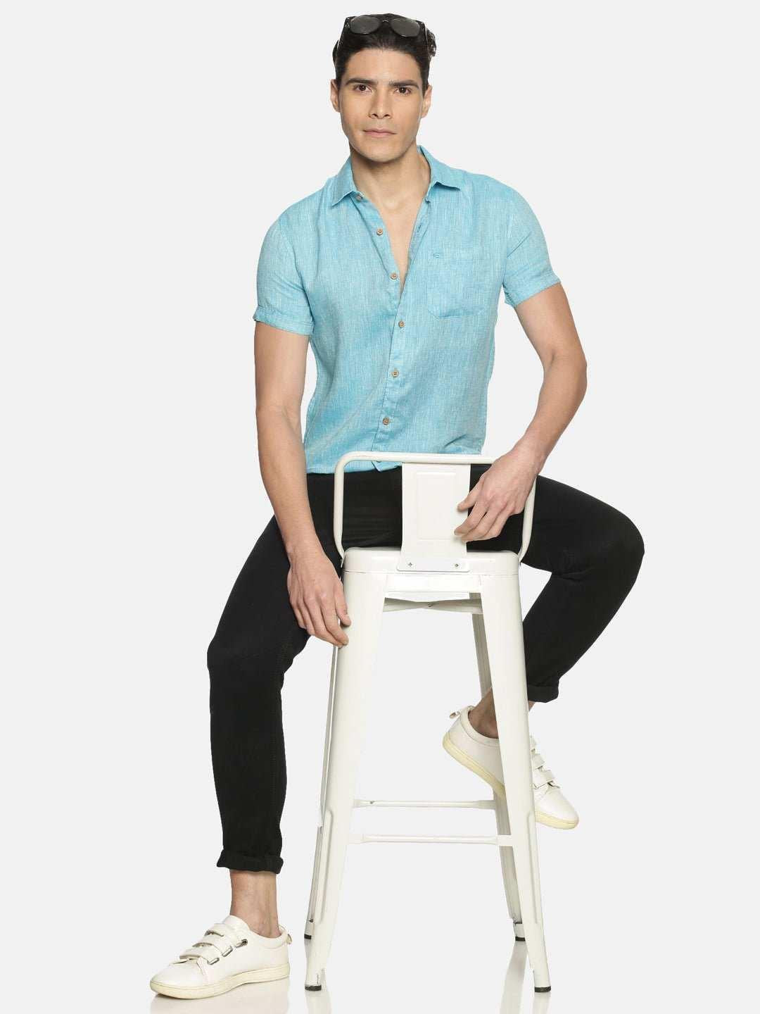 Ecentric Blue Colour Slim Fit Hemp Casual Shirt.