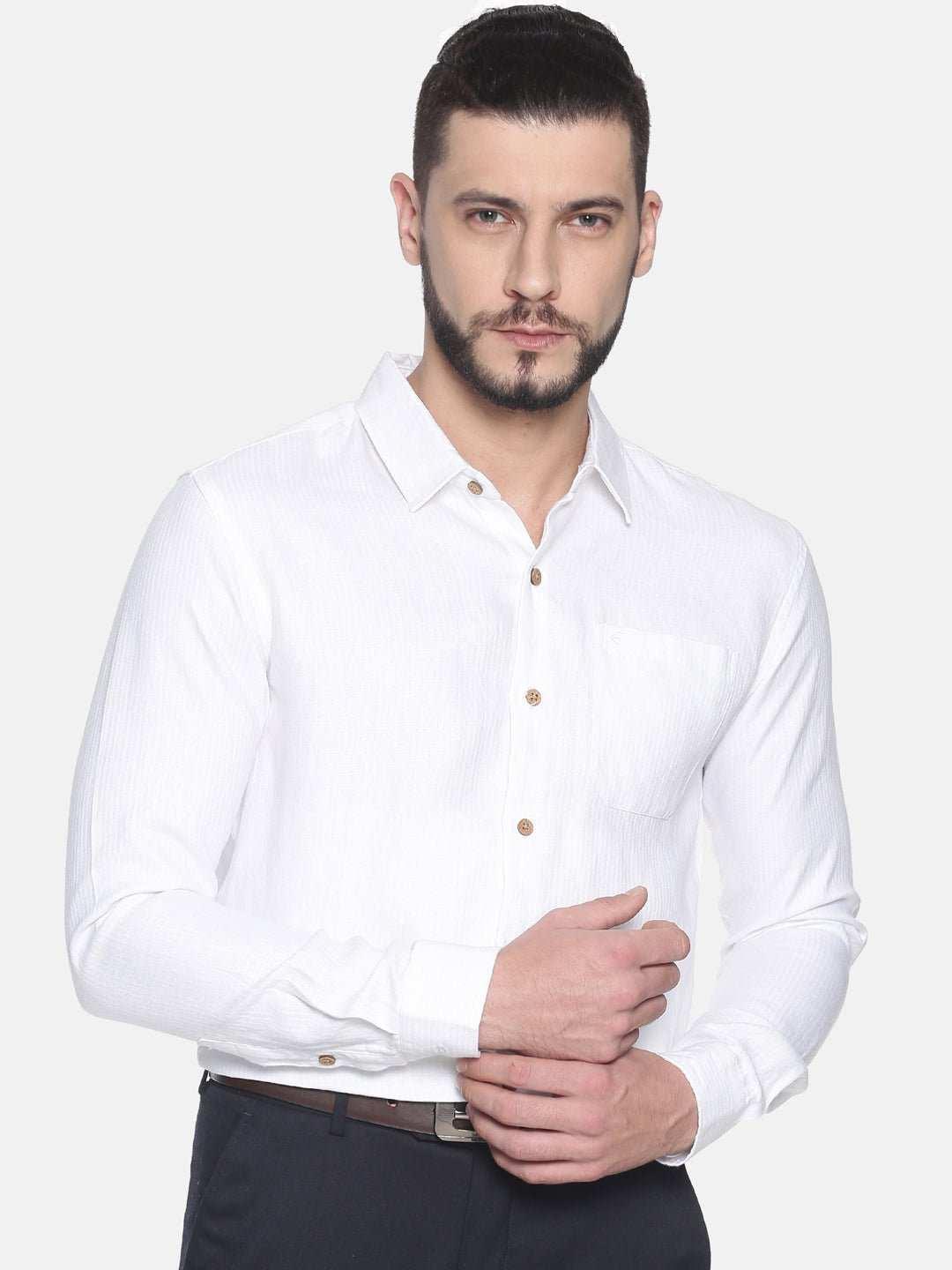 Ecentric Herringbone White Colour Slim Fit Hemp Formal ShirtEcentric Herringbone White Colour Slim Fit Hemp Formal Shirt