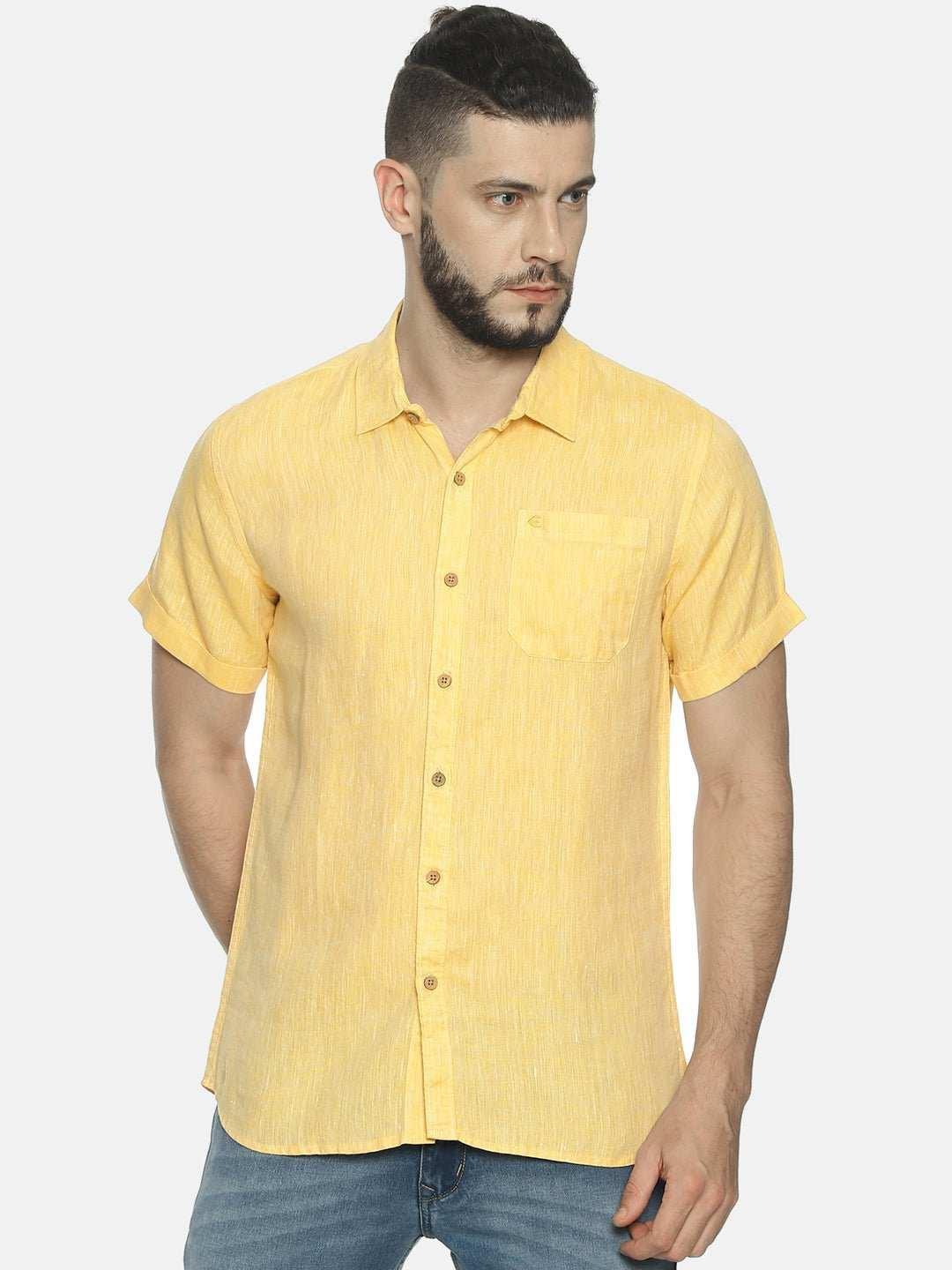 Ecentric Lemon Yellow Colour Slim Fit Hemp Casual Shirt.