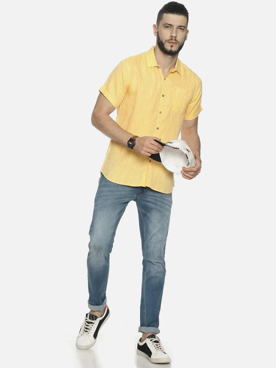 Ecentric Lemon Yellow Colour Slim Fit Hemp Casual Shirt.