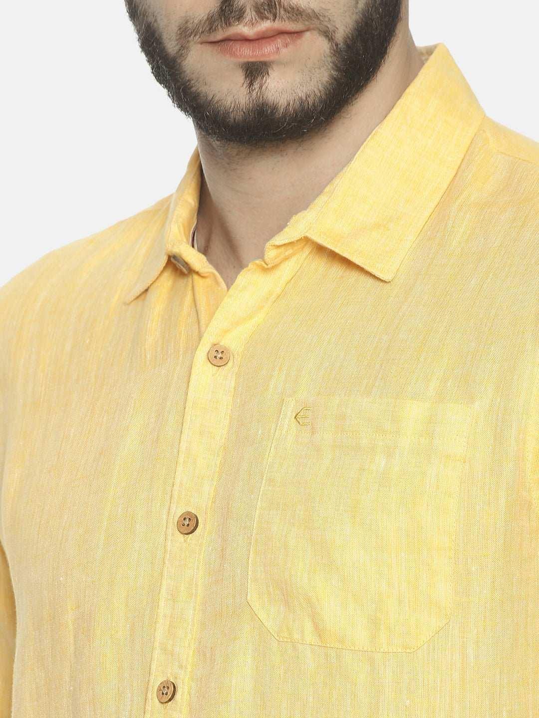 Ecentric Lemon Yellow Colour Slim Fit Hemp Casual Shirt.