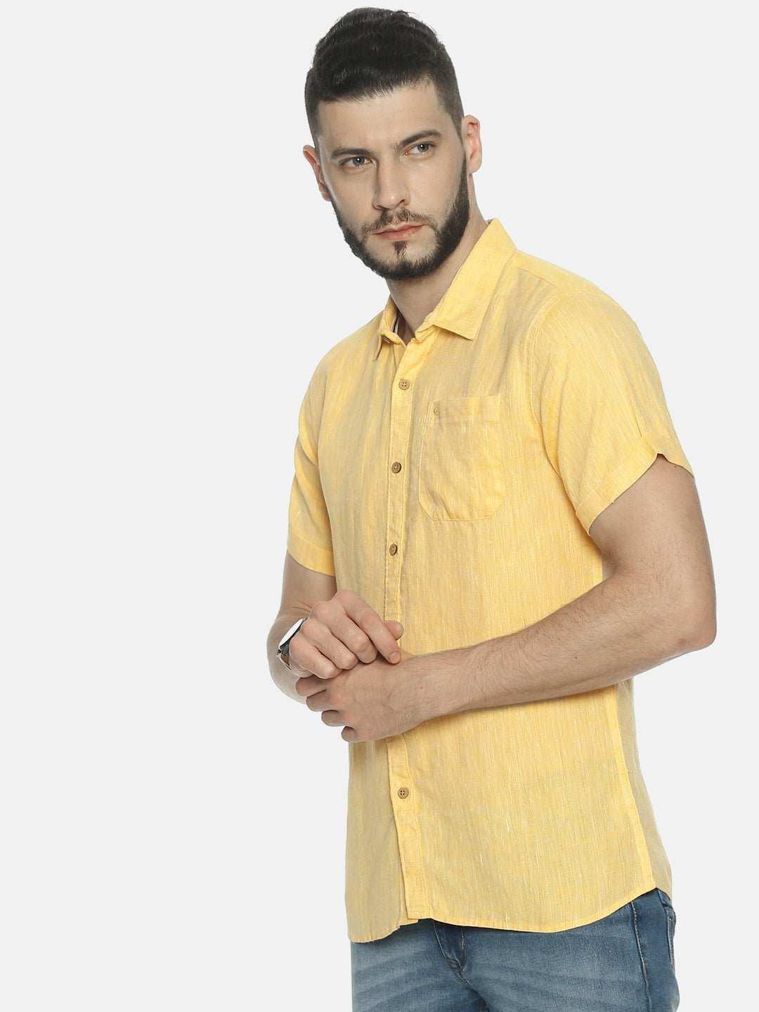 Ecentric Lemon Yellow Colour Slim Fit Hemp Casual Shirt.