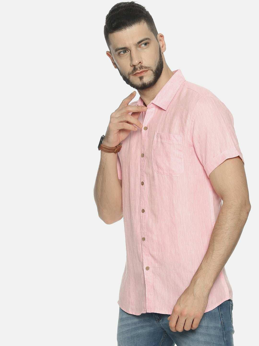 Ecentric Light Pink Colour Slim Fit Hemp Casual Shirt.