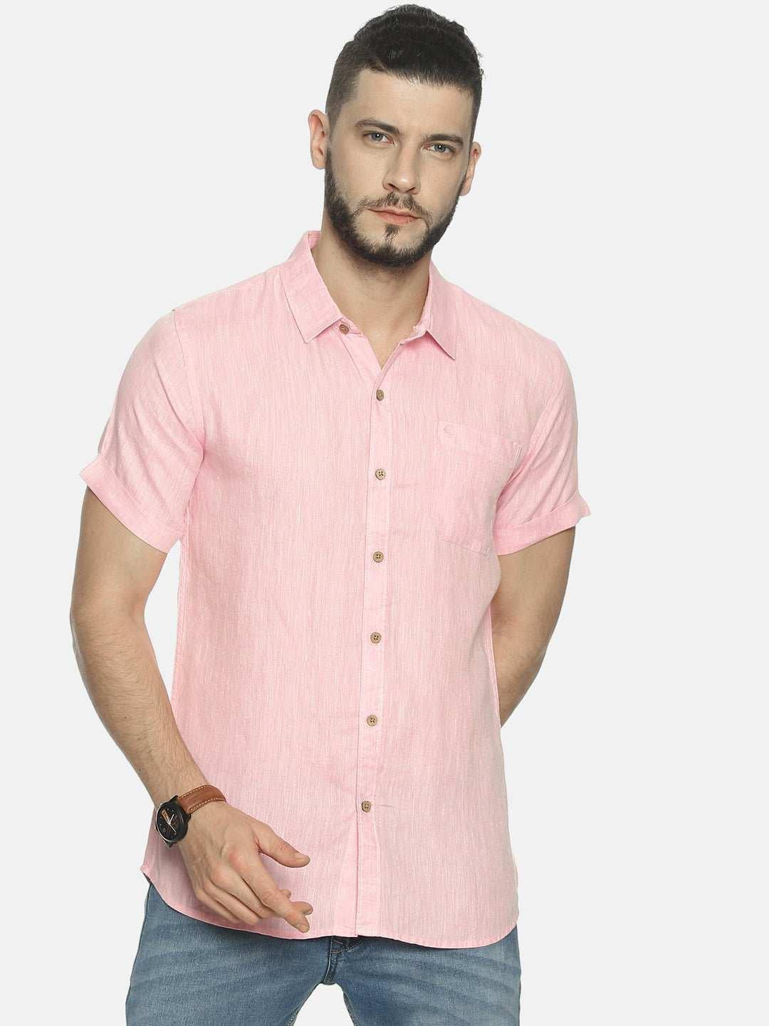 Ecentric Light Pink Colour Slim Fit Hemp Casual Shirt.