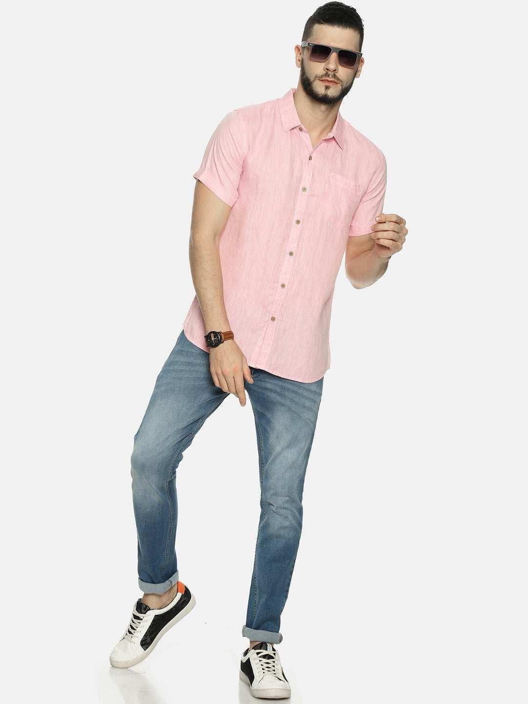 Ecentric Light Pink Colour Slim Fit Hemp Casual Shirt.
