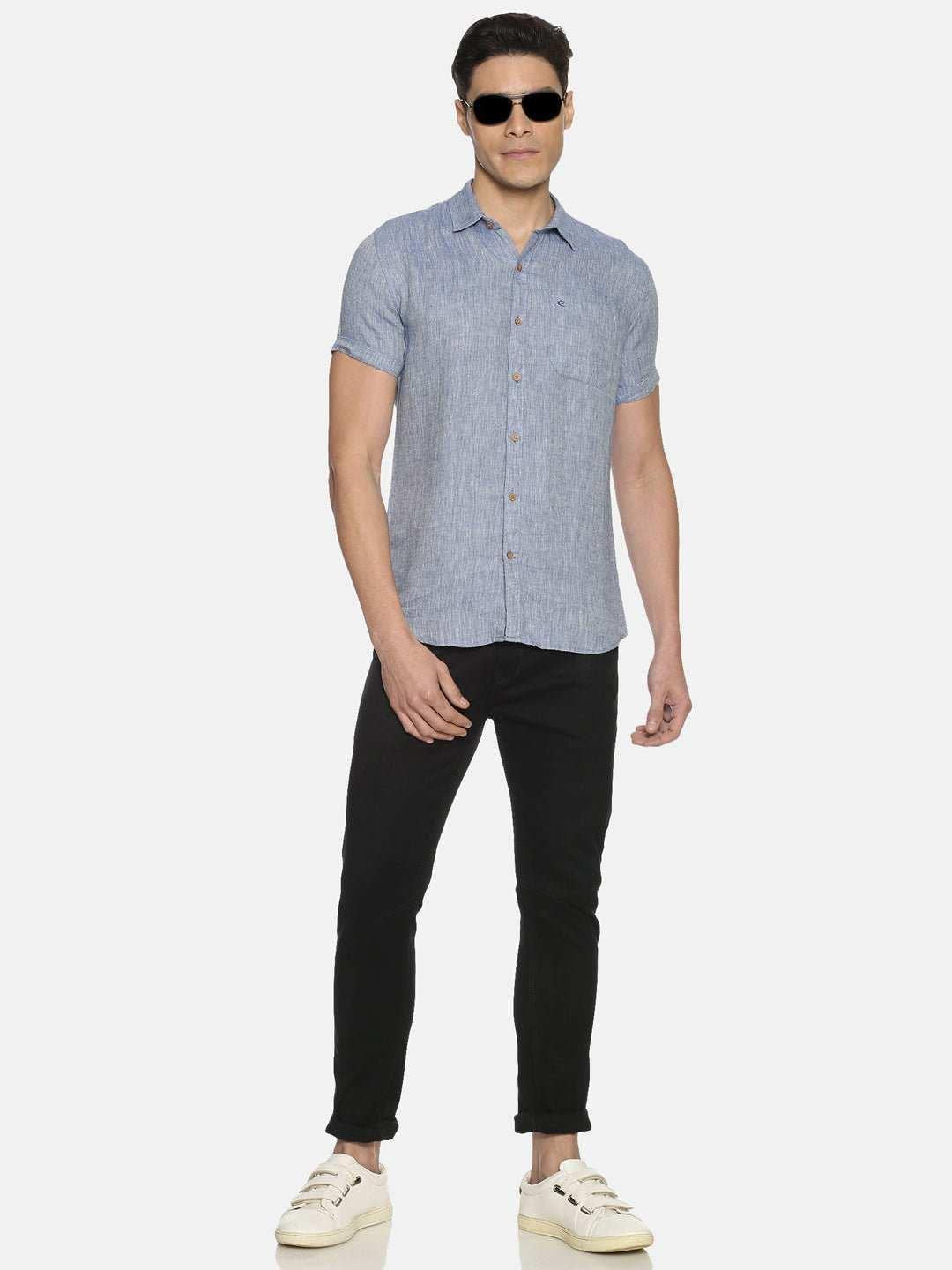 Ecentric Navy Blue Colour Slim Fit Hemp Casual Shirt.