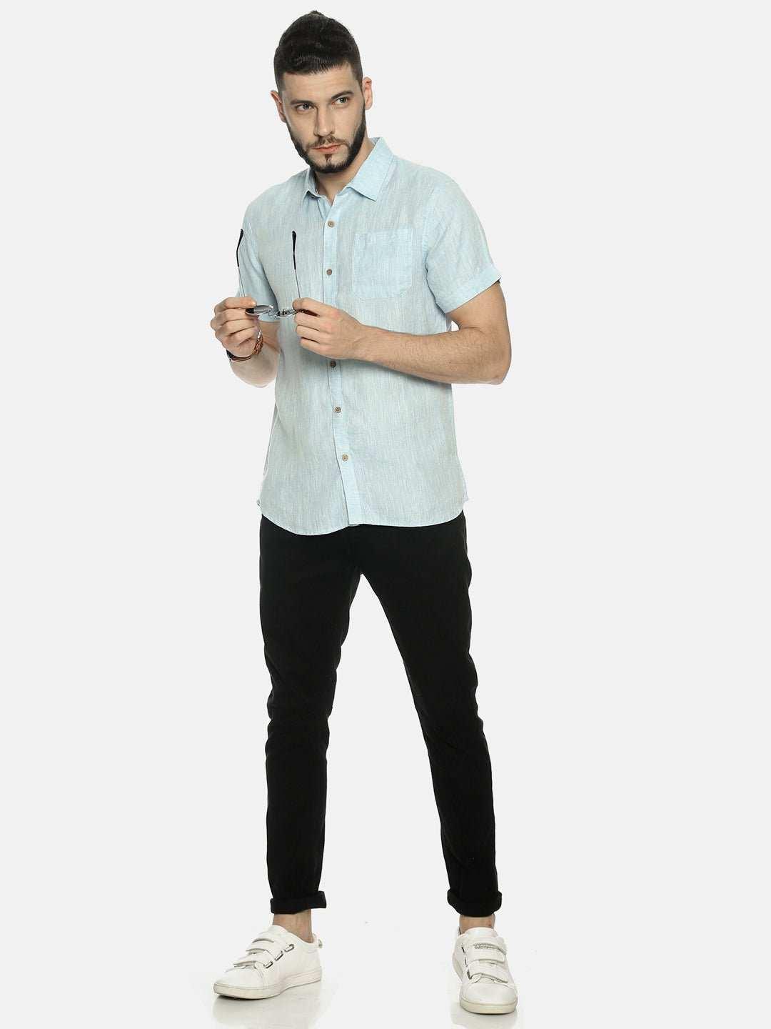 Ecentric Sky Blue Colour Slim Fit Hemp Casual ShirtEcentric Sky Blue Colour Slim Fit Hemp Casual Shirt