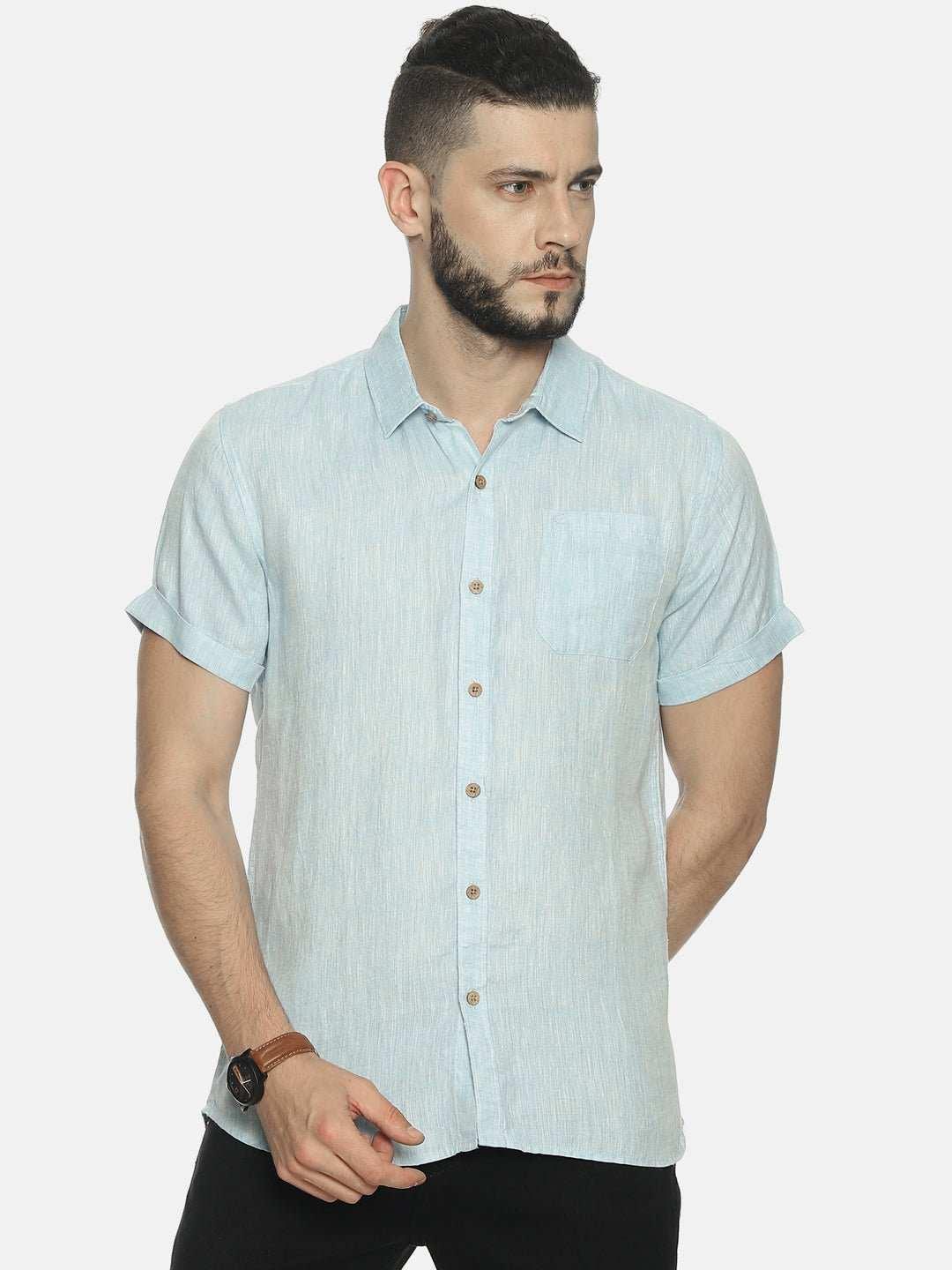 Ecentric Sky Blue Colour Slim Fit Hemp Casual ShirtEcentric Sky Blue Colour Slim Fit Hemp Casual Shirt