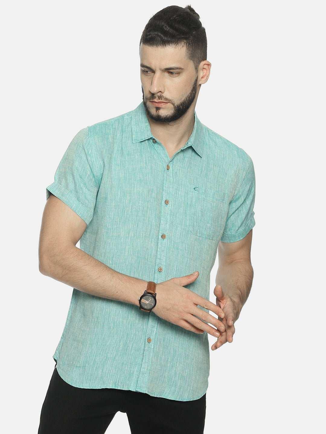 Ecentric Teal Green Colour Slim Fit Hemp Casual ShirtEcentric Teal Green Colour Slim Fit Hemp Casual Shirt