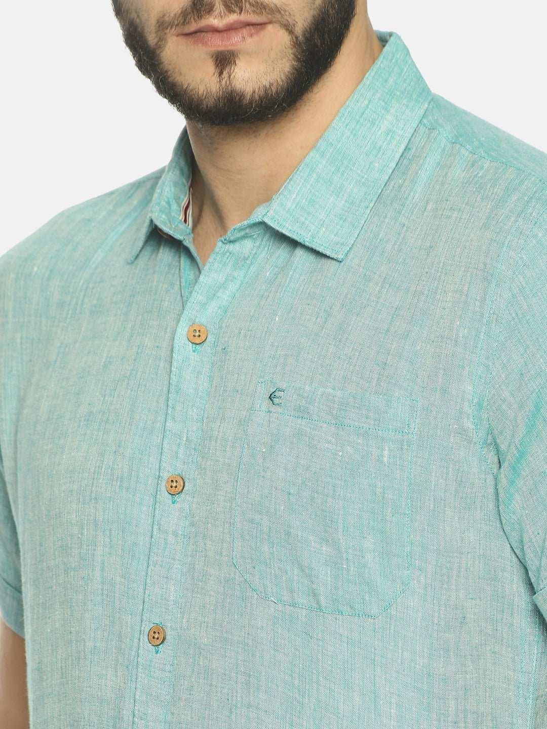 Ecentric Teal Green Colour Slim Fit Hemp Casual ShirtEcentric Teal Green Colour Slim Fit Hemp Casual Shirt