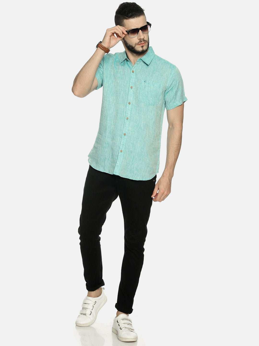 Ecentric Teal Green Colour Slim Fit Hemp Casual ShirtEcentric Teal Green Colour Slim Fit Hemp Casual Shirt