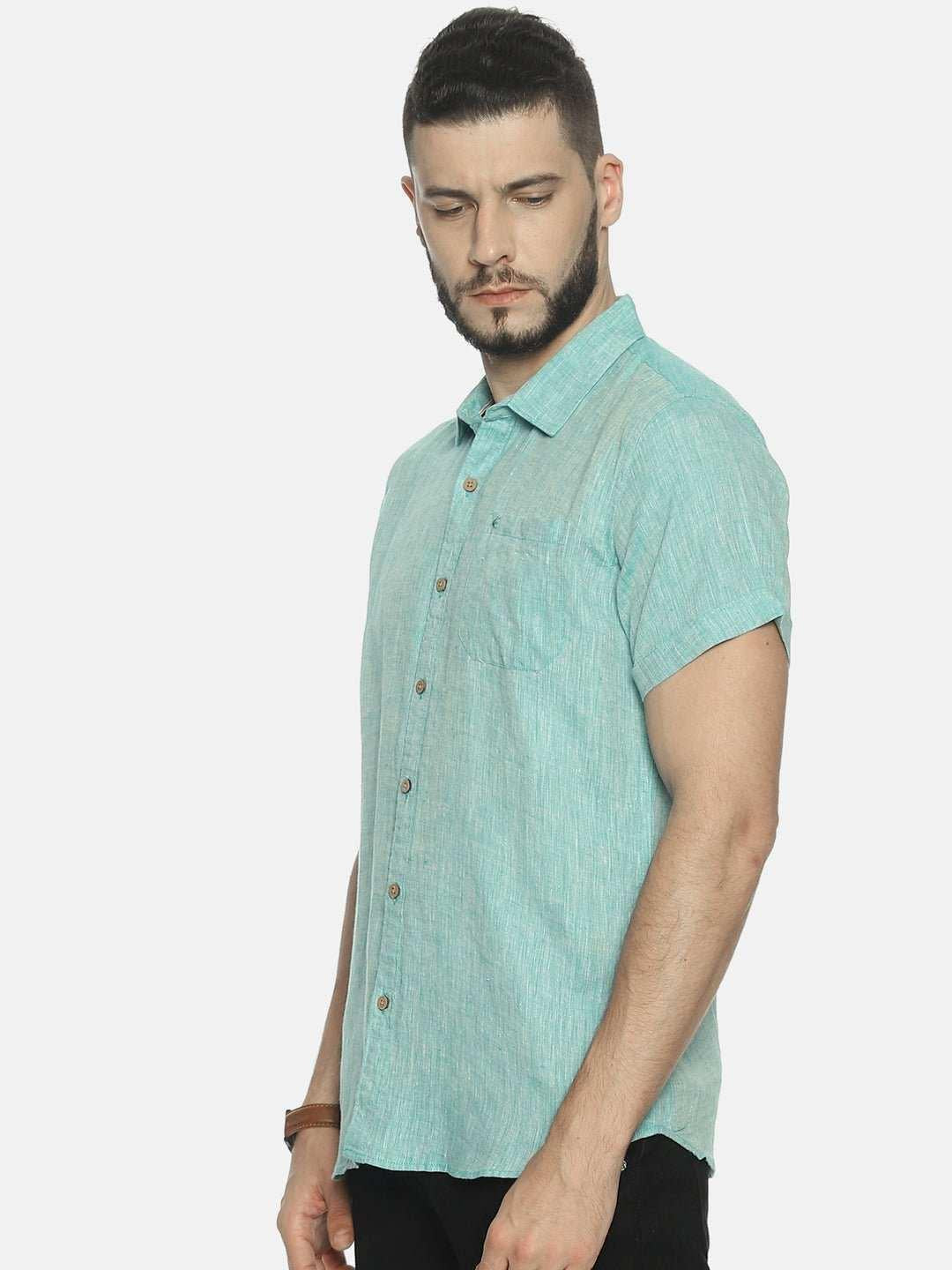 Ecentric Teal Green Colour Slim Fit Hemp Casual Shirt.
