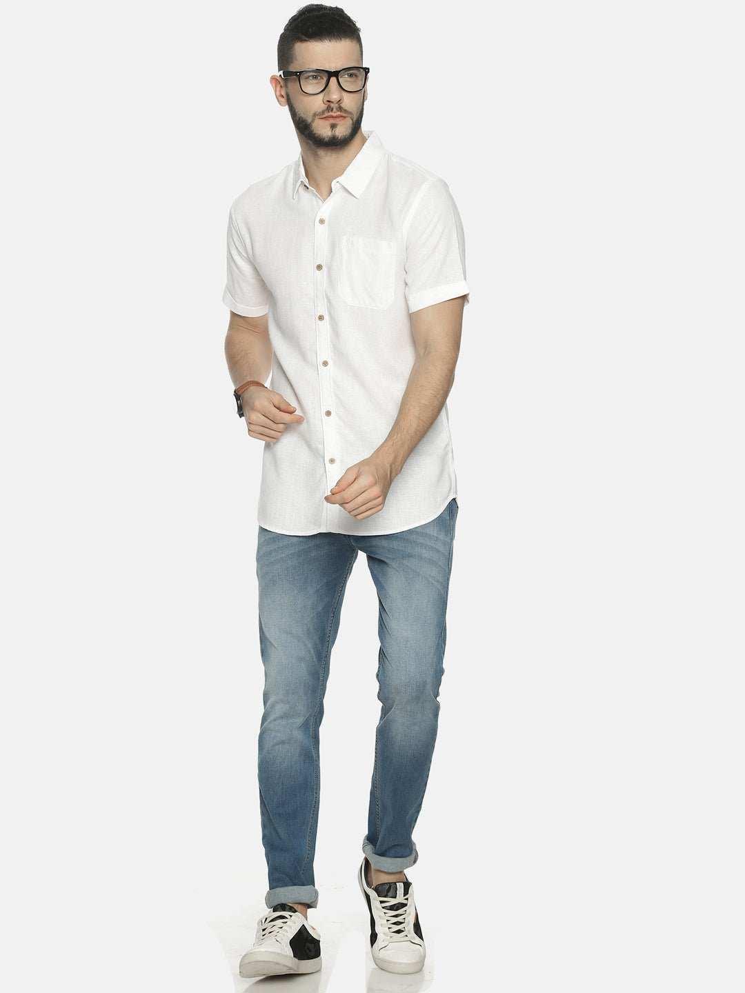 Ecentric White Colour Slim Fit Hemp Casual Shirt