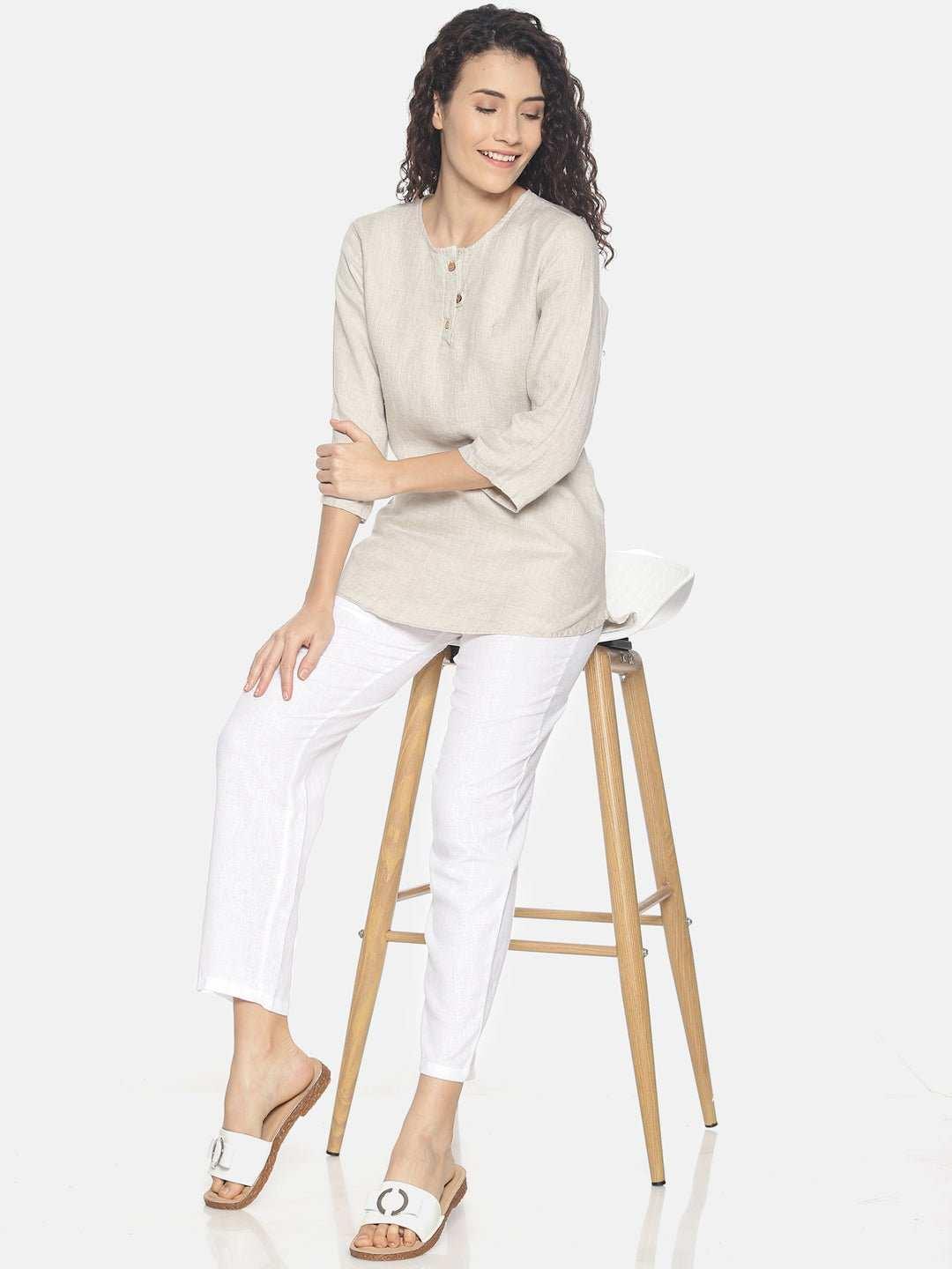 Ecentric Women's Beige and White Colour High low Lounge Wear SetEcentric Women's Beige and White Colour High low Lounge Wear Set
