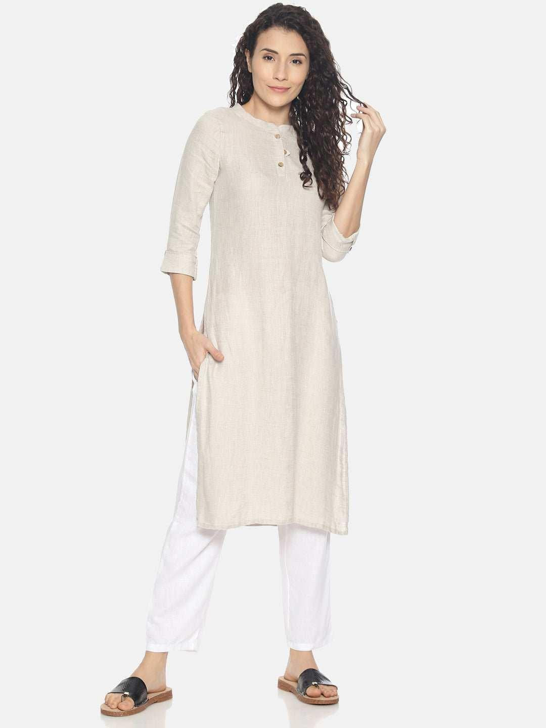 Ecentric Women's Beige Colour Solid Hemp Straight Long Kurta.