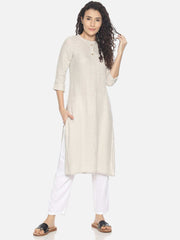 Ecentric Women's Beige Colour Solid Hemp Straight Long Kurta - CBD Store India