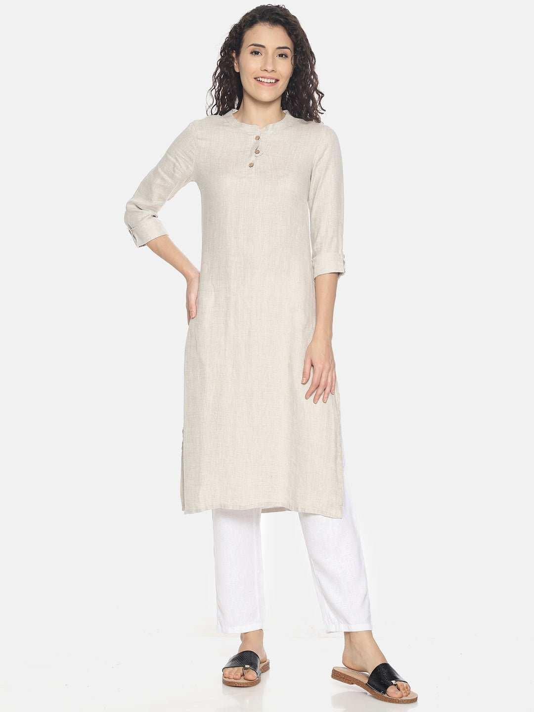 Ecentric Women's Beige Colour Solid Hemp Straight Long Kurta.
