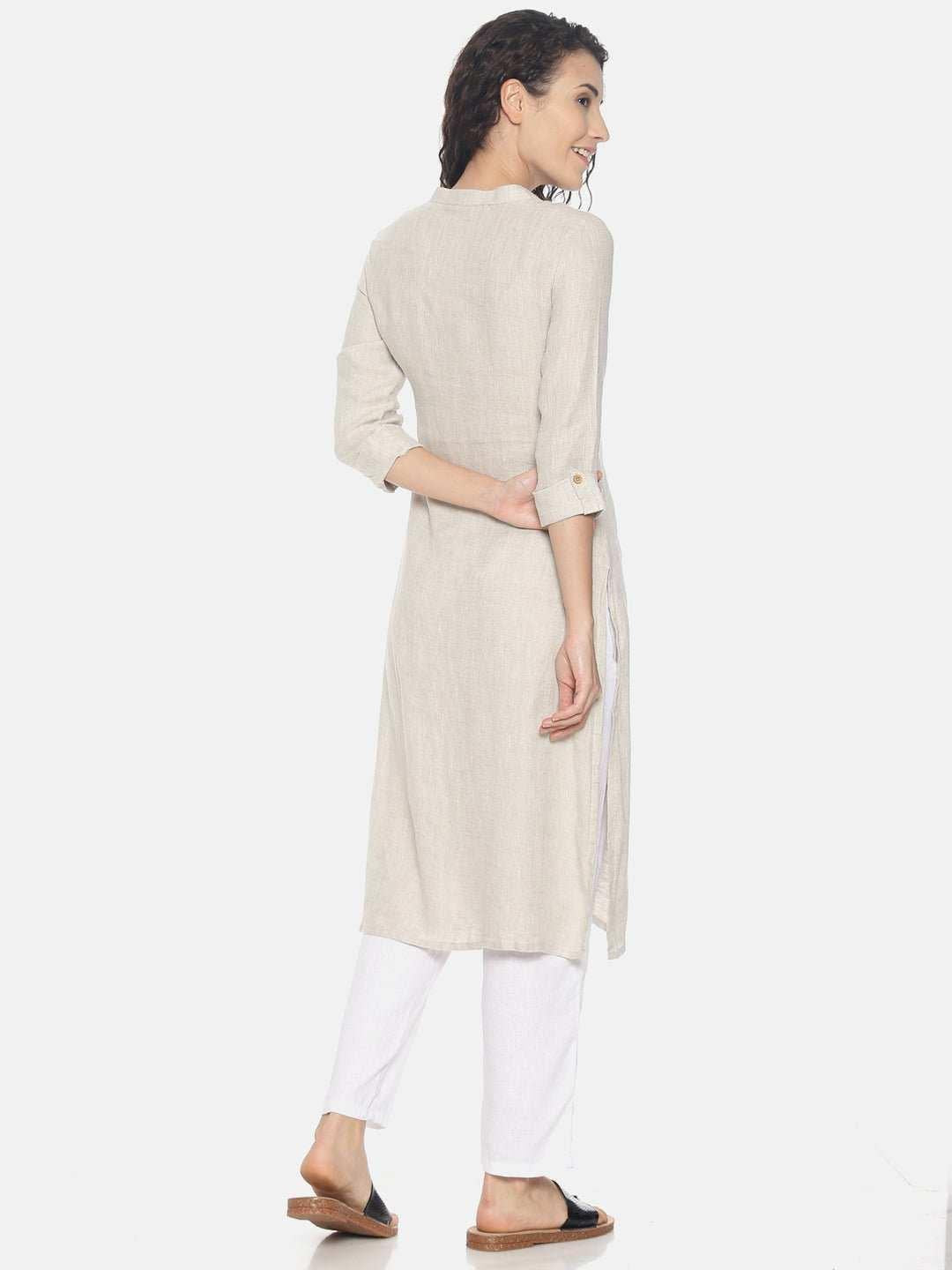Ecentric Women's Beige Colour Solid Hemp Straight Long Kurta.