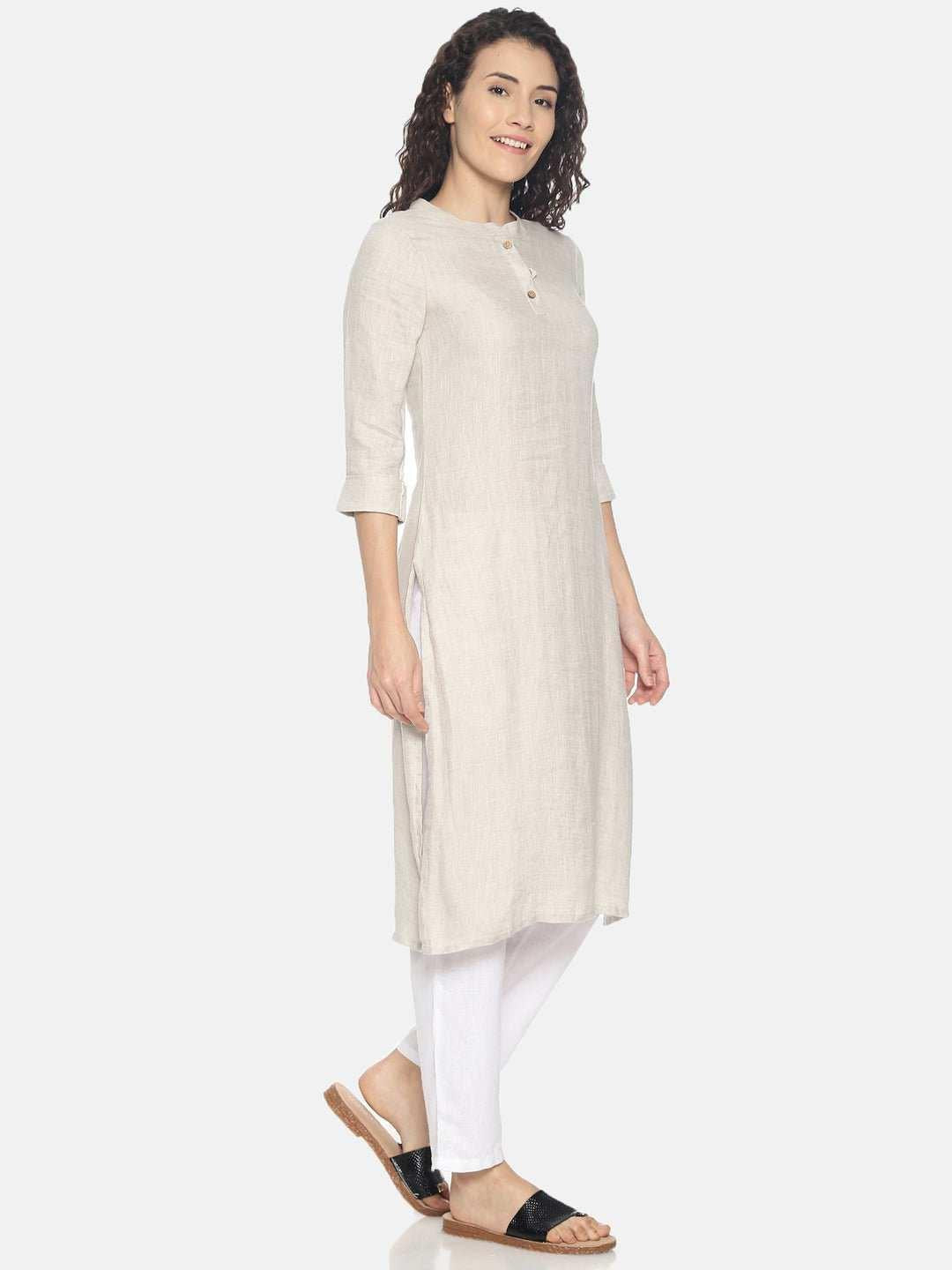 Ecentric Women's Beige Colour Solid Hemp Straight Long Kurta.