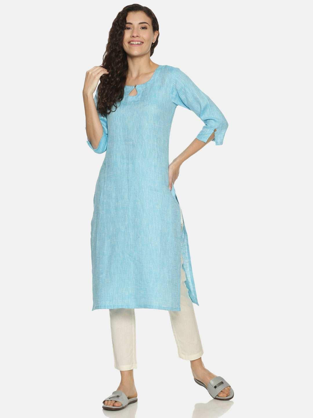 Ecentric Women's Blue Colour Solid Hemp Straight Long Kurta.