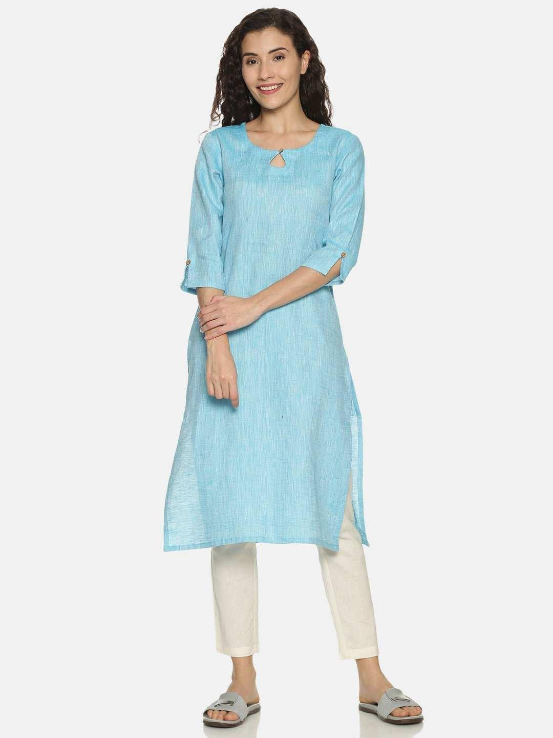 Ecentric Women's Blue Colour Solid Hemp Straight Long Kurta.