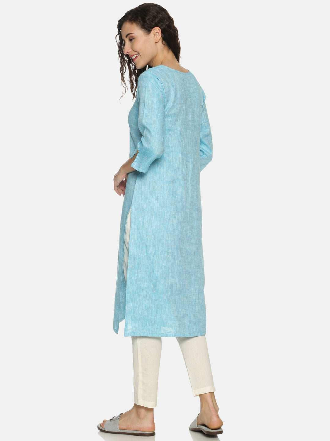 Ecentric Women's Blue Colour Solid Hemp Straight Long Kurta.