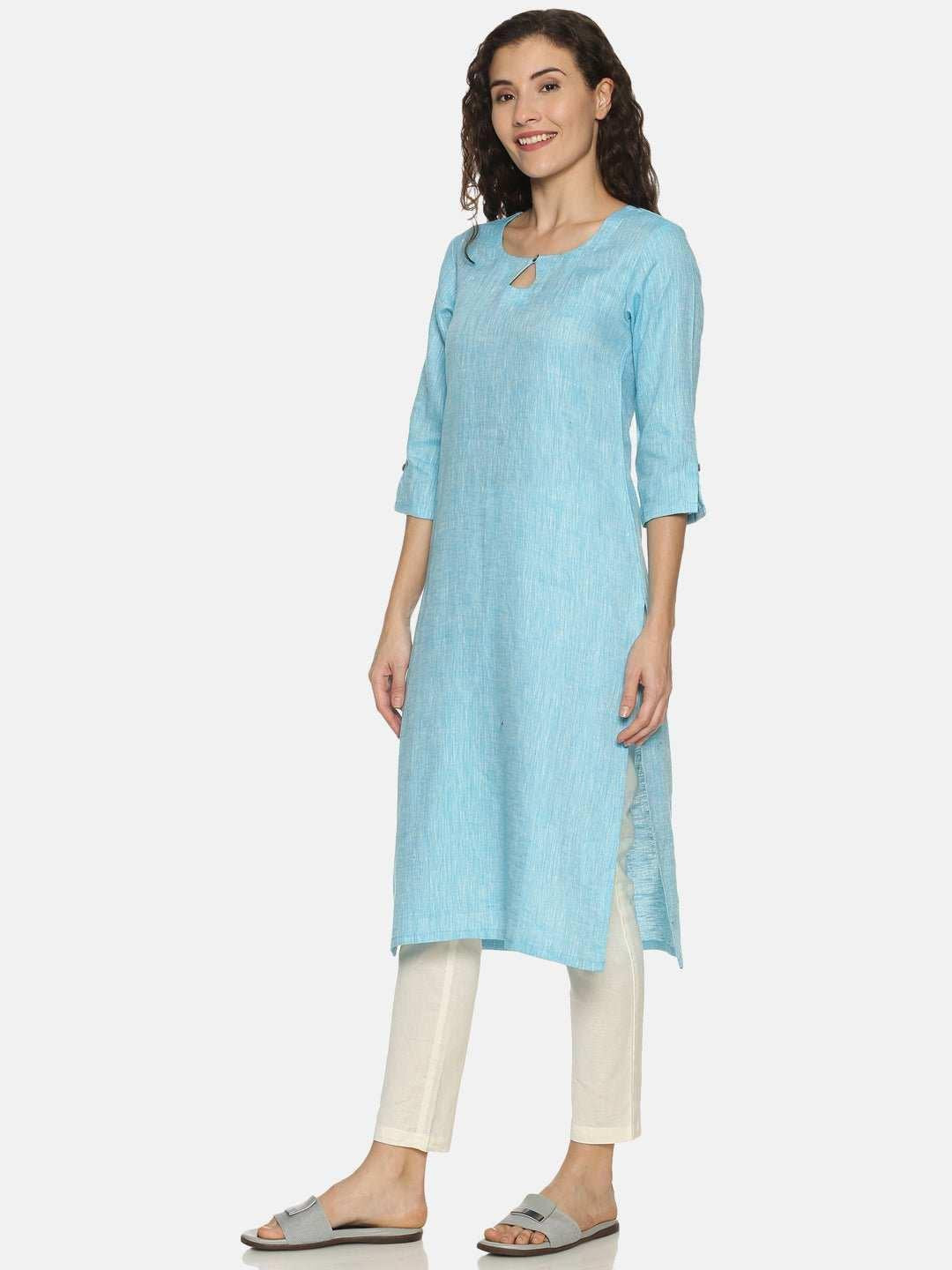 Ecentric Women's Blue Colour Solid Hemp Straight Long Kurta.