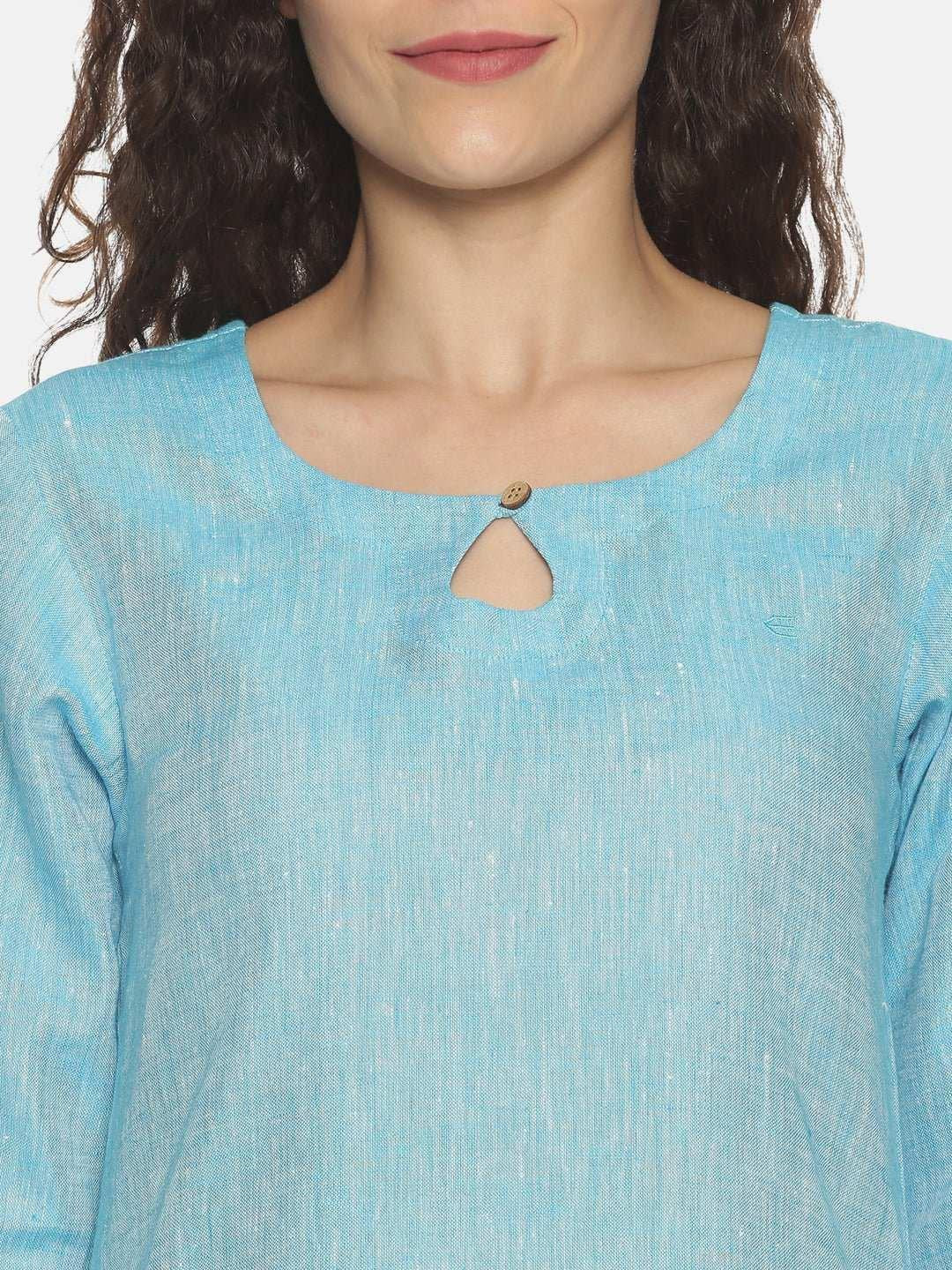 Ecentric Women's Blue Colour Solid Hemp Straight Long Kurta.