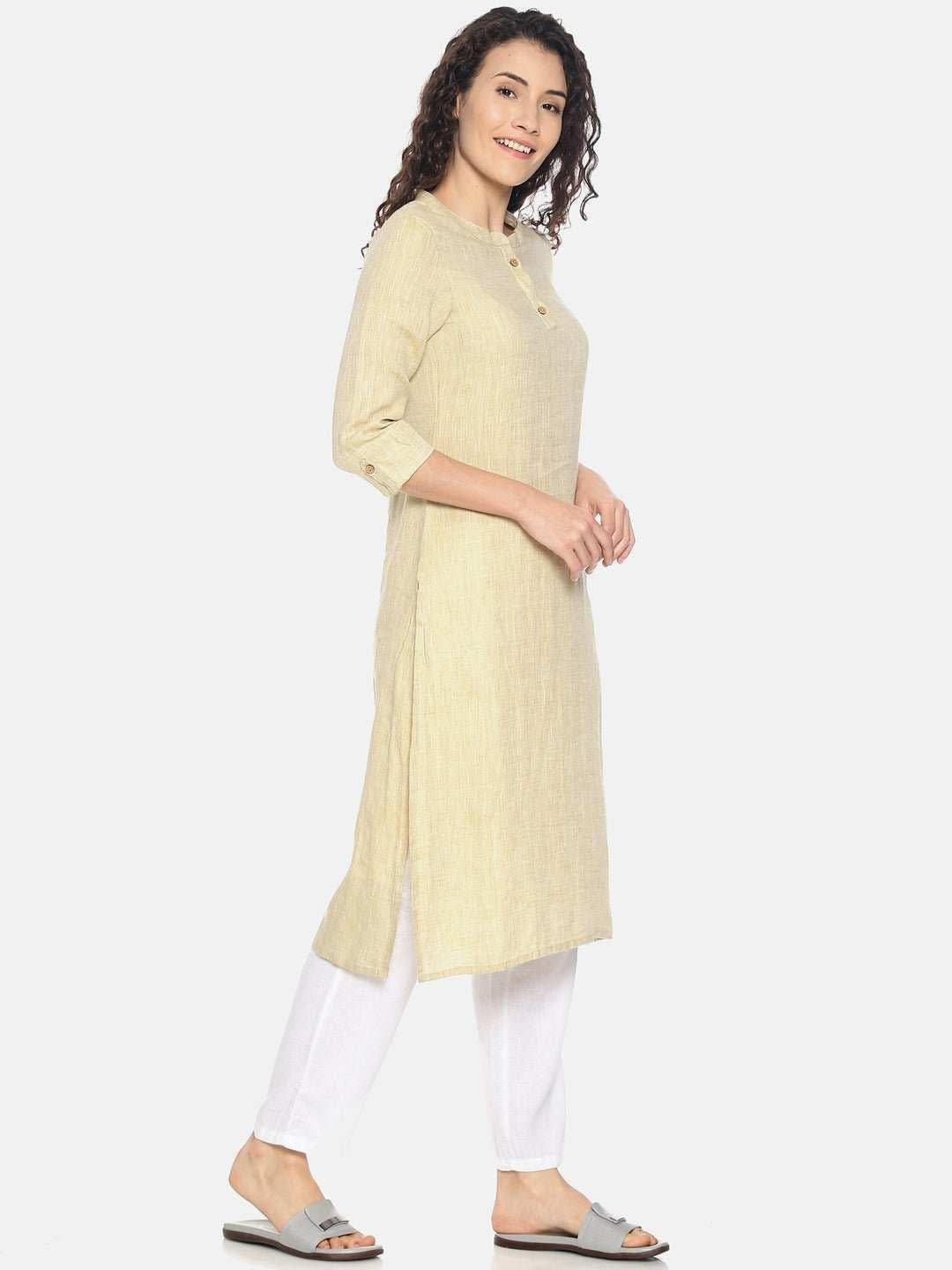 Ecentric Women's Fawn Colour Solid Hemp Straight Long Kurta.