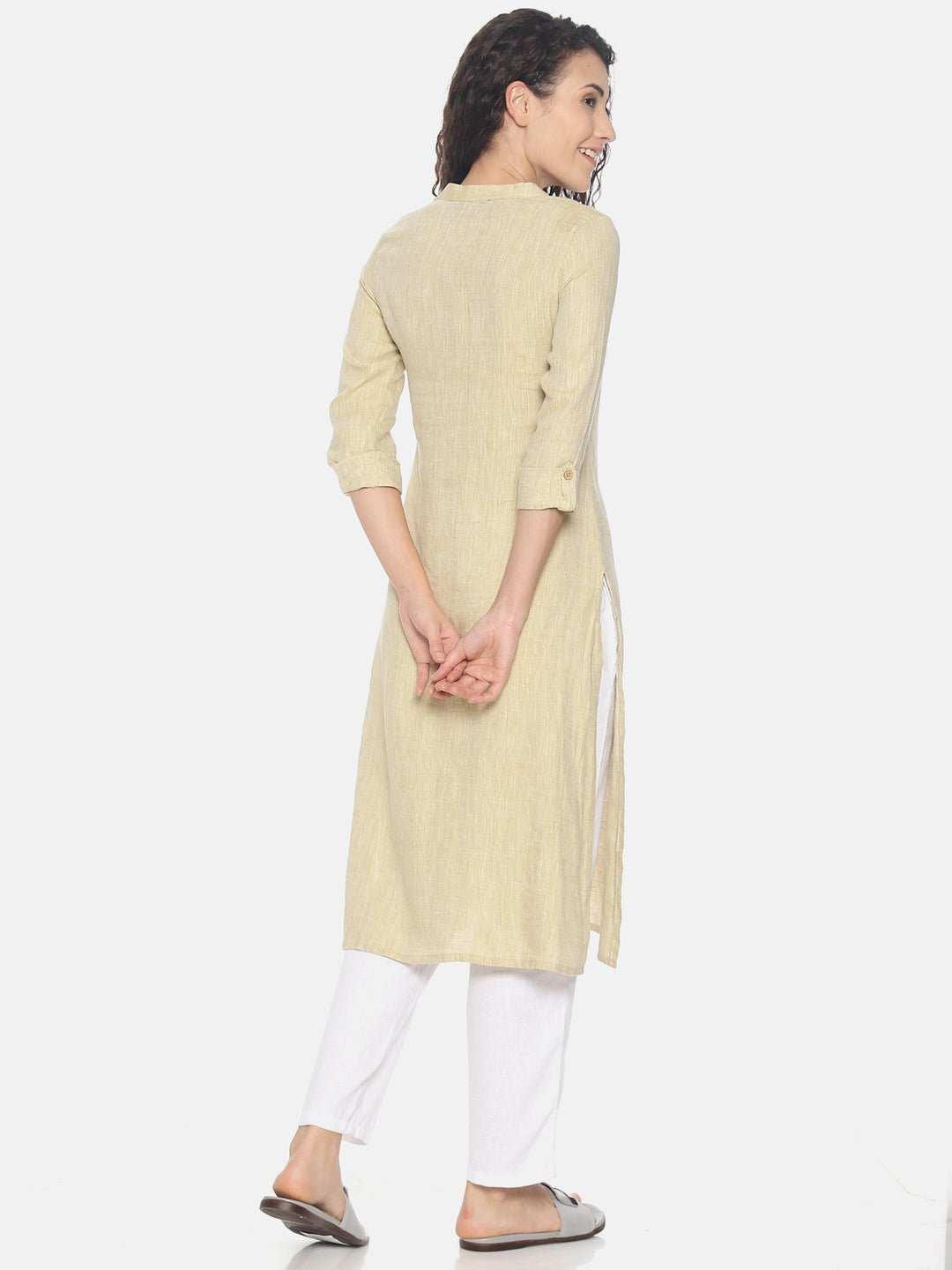 Ecentric Women's Fawn Colour Solid Hemp Straight Long KurtaEcentric Women's Fawn Colour Solid Hemp Straight Long Kurta