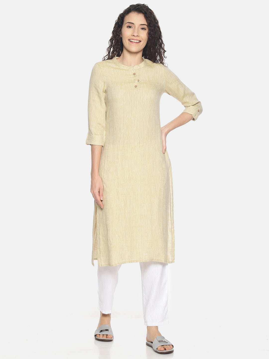 Ecentric Women's Fawn Colour Solid Hemp Straight Long KurtaEcentric Women's Fawn Colour Solid Hemp Straight Long Kurta