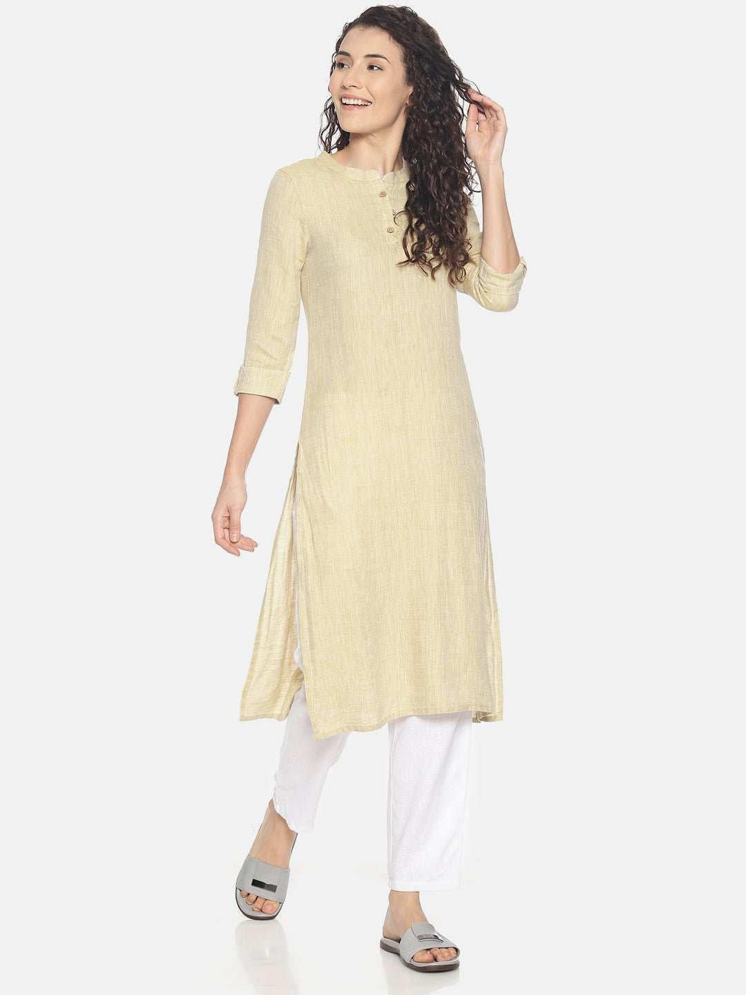 Ecentric Women's Fawn Colour Solid Hemp Straight Long Kurta.