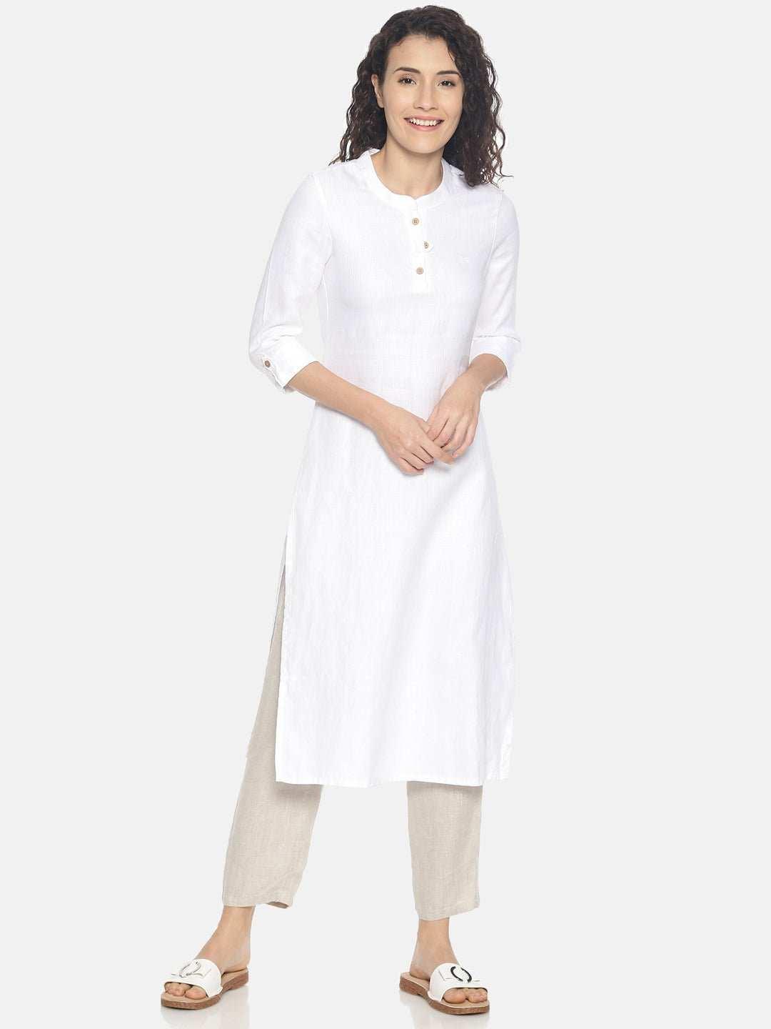 Ecentric Women's Herringbone White Colour Solid Hemp Straight Long KurtaEcentric Women's Herringbone White Colour Solid Hemp Straight Long Kurta
