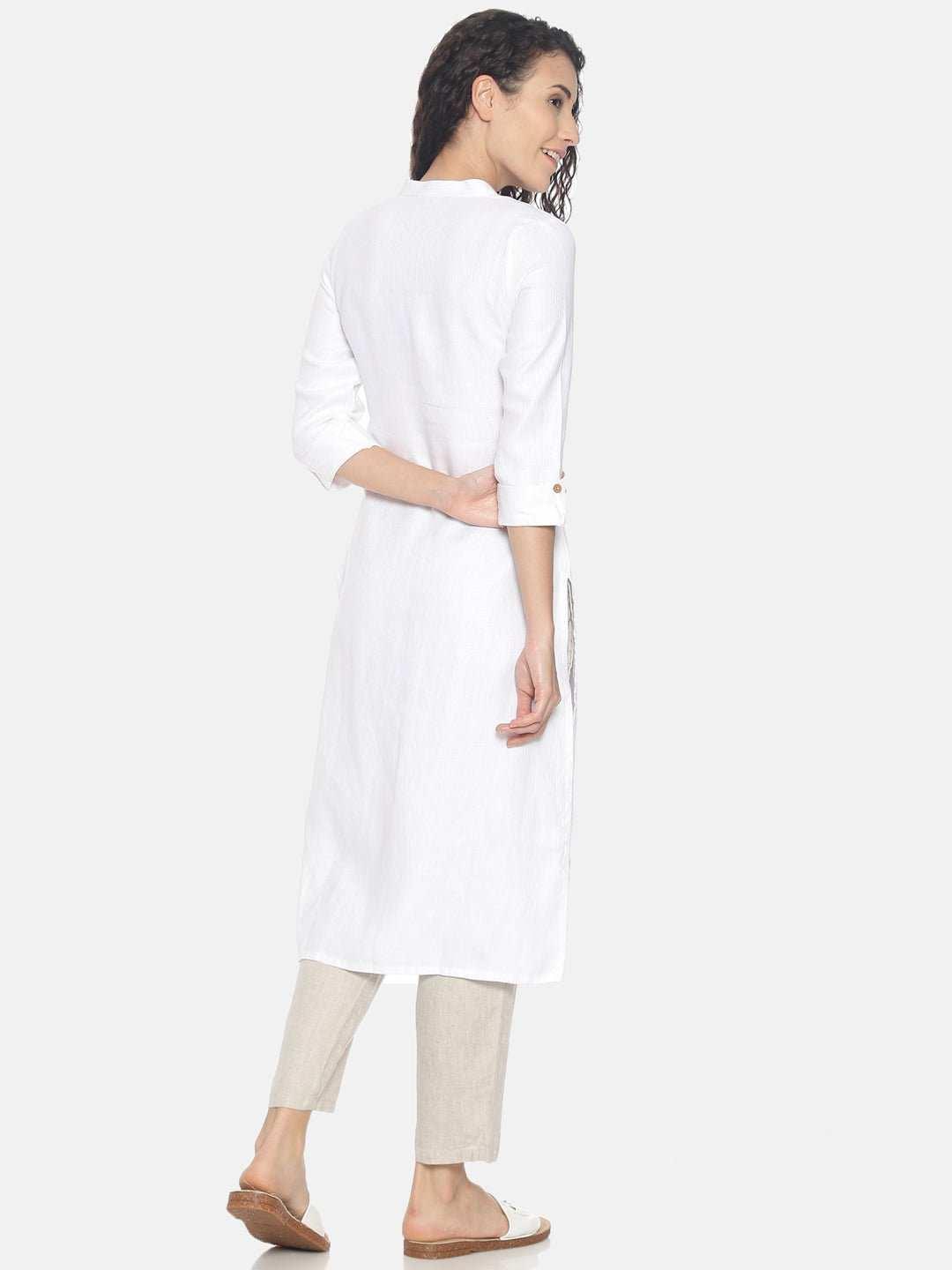 Ecentric Women's Herringbone White Colour Solid Hemp Straight Long KurtaEcentric Women's Herringbone White Colour Solid Hemp Straight Long Kurta