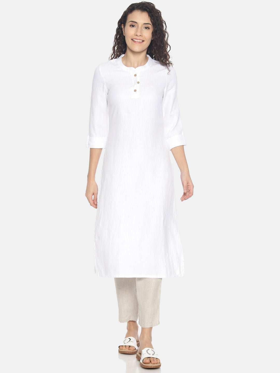 Ecentric Women's Herringbone White Colour Solid Hemp Straight Long KurtaEcentric Women's Herringbone White Colour Solid Hemp Straight Long Kurta