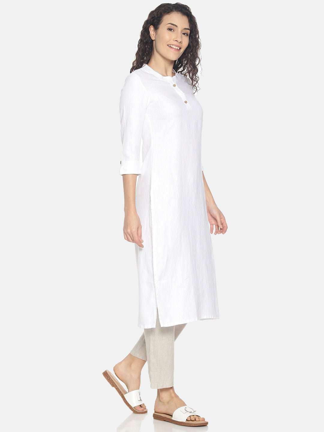 Ecentric Women's Herringbone White Colour Solid Hemp Straight Long KurtaEcentric Women's Herringbone White Colour Solid Hemp Straight Long Kurta