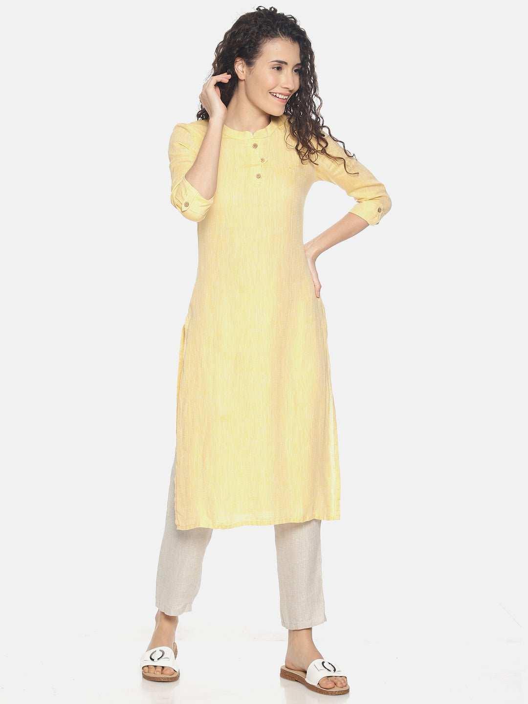 Ecentric Women's Lemon Yellow Colour Solid Hemp Straight Long KurtaEcentric Women's Lemon Yellow Colour Solid Hemp Straight Long Kurta