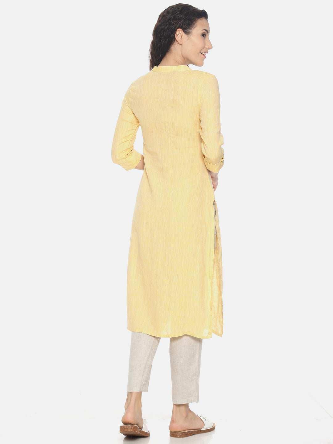 Ecentric Women's Lemon Yellow Colour Solid Hemp Straight Long KurtaEcentric Women's Lemon Yellow Colour Solid Hemp Straight Long Kurta